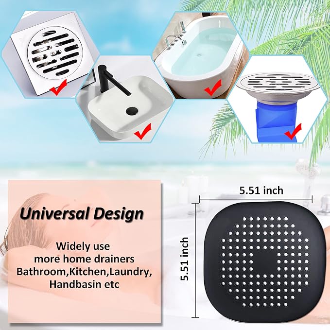 Bovinde Hair Drain Catcher,Square Cover for Shower 2 Pack (Black) | Drainer Cover Silicone Hair Stopper with Suction Cups,Protector Accessories,Easy to Install Suit for Bathroom,Bathtub,Sink