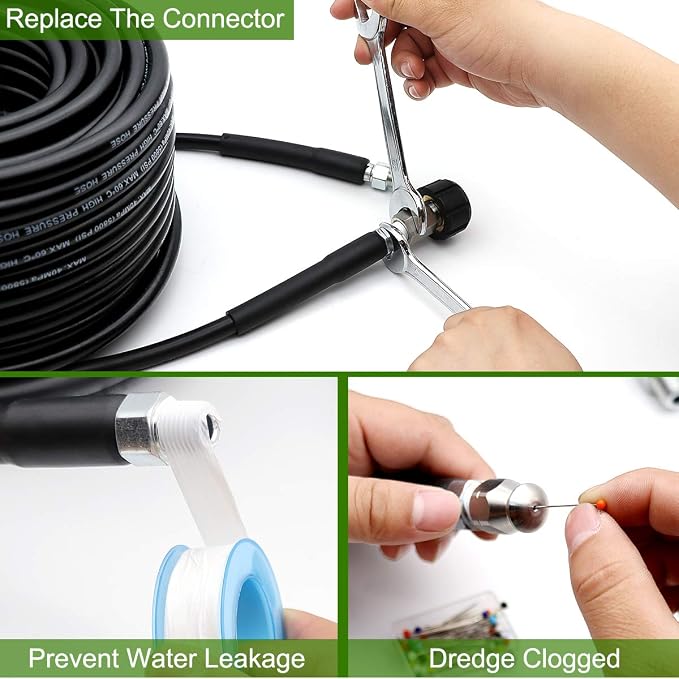 WEST BAY Sewer Jetter Kit 25 FT for Pressure Washer, 5800 PSI Drain Cleaner Hose 1/4 Inch NPT Corner Rotating and Button Nose Sewer Jetting Nozzle Spanner WatertightTape Pearl Corsage Pin