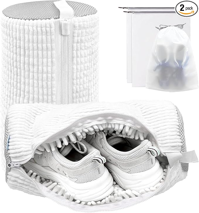 Shoe Washing Machine Bag,Laundry Shoe Bag for Washer and Dryer,Reusable Shoe Cleaning Bag for Sneakers,Tennis Shoes,With Self-locking Zipper, Microfiber Inside,Include Shoe Bag (Pro White - 2 Pack)