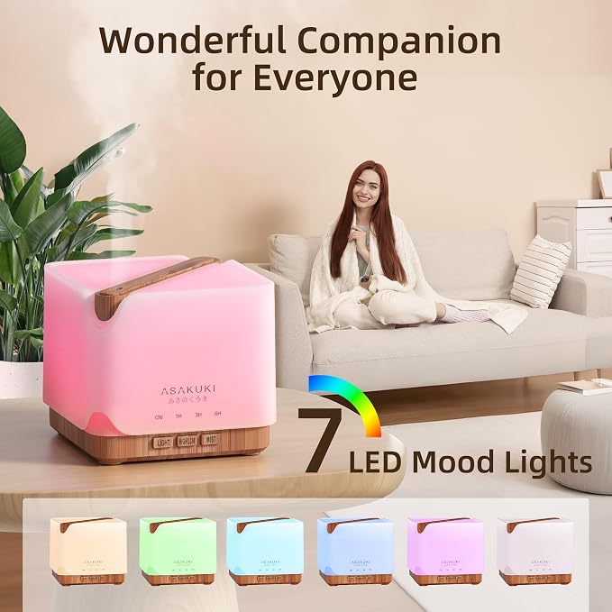 ASAKUKI Essential Oil Diffuser for Home Large 700 ml Humidifier | Automatic Shut-Off, Scent Aromatherapy Diffuser with 7 LED Lights for Living Room, Kitchen, Bedroom, Hotel - Yellow