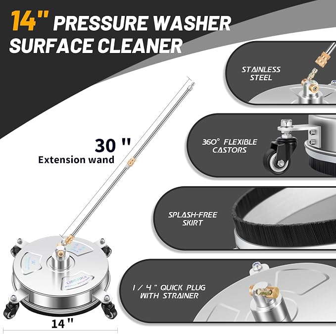 LidoDola 14'' Pressure Washer Surface Cleaner, Power Washer Accessory | Stainless Steel Housing with 4 Wheels, 1/4" QC, 2 Extension Wands & 2 Replacement Nozzles, for Gas & Electric Power Washer