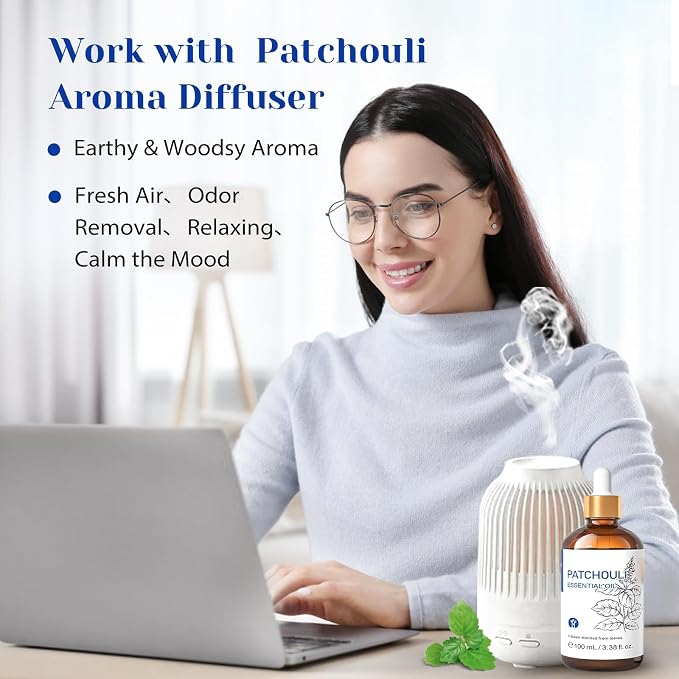 HIQILI Patchouli Essential Oil for Diffuser,Skin Care&Hair Nourishment | Soothes Skin,Nourishes Hair,Fits Diffuser Aromatherapy&DIY Perfume,Great Gift Option,Large Capacity-100mL/3.38 fl.oz