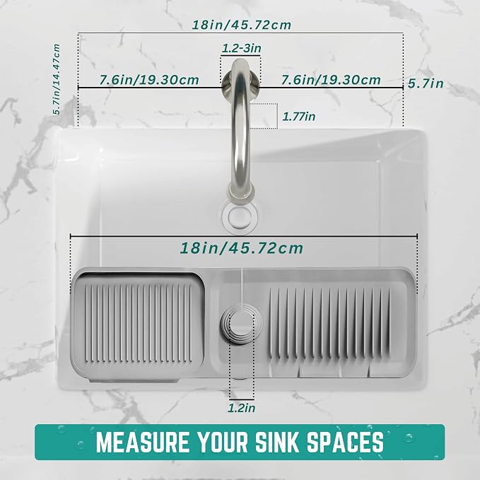 18x5.5 Inch Silicone Faucet Mat for Kitchen Sink - Kitchen Sink Splash Guard with FREE Rubber Drain Insert, Faucet Guard Draining Mat & Sink Water Splash Guard (Gray)