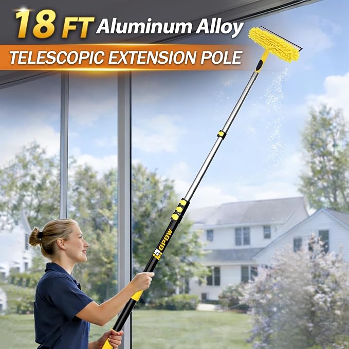 24 Feet High Reach Squeegee Window Cleaner Kit with 5-18Ft Extension Pole | 2 in 1 Window Cleaning Tool w/ 5-Stage Telescopic Pole &Rotatable Head,Window Washing Equipment for Solar Panel,RV,Car Glass