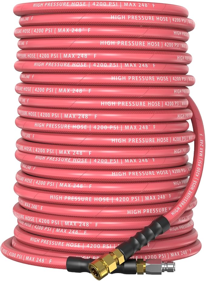 QC Installed Pressure Washer Hose 100 ft, 4200 PSI Flexible & Kink-Resistant, Steel-Braided & Durable, Power Washer Hose with 3/8" 360° Swivel Quick Connect, Hot/Cold Water Compatible, Red