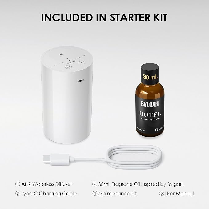 ANZ Waterless Essential Oil Diffuser Starter Kit, White | 30 mL BGR Hotel Scent Fragrance Oil, Battery Operated, Up to 600 sq ft, Portable for Home Car Office, ANZKit-30-G
