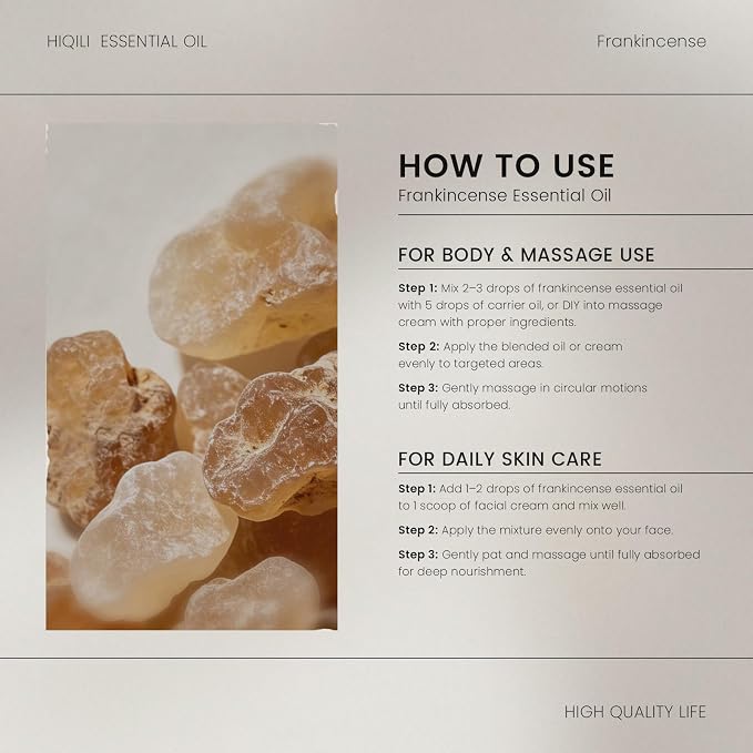 HIQILI Frankincense Essential Oil for Skin, Relax & Diffuser | Can be Added to Body Lotions, Creams for aromatherapy and camp atmosphere creation – 30mL / 1.01 fl.oz