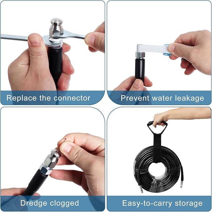 200FT Sewer Jetter Kit for Pressure Washer 5800PSI Drain Cleaner | 1/4" NPT Drain Cleaning Hose with 4 Jetting Nozzles Handle Strap Waterproof Tape and Tools (Black)