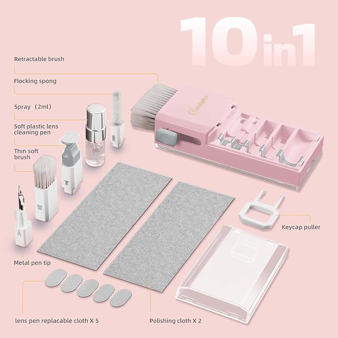 Keyboard Cleaning Kit, All-in-One Laptop & Computer Screen Cleaner, Pink | Multi-function Electronic Cleaner, Soft Bristle Brush, Computer Screen-safe Spray, Compact, for MacBook, iPad, iPhone, earbud