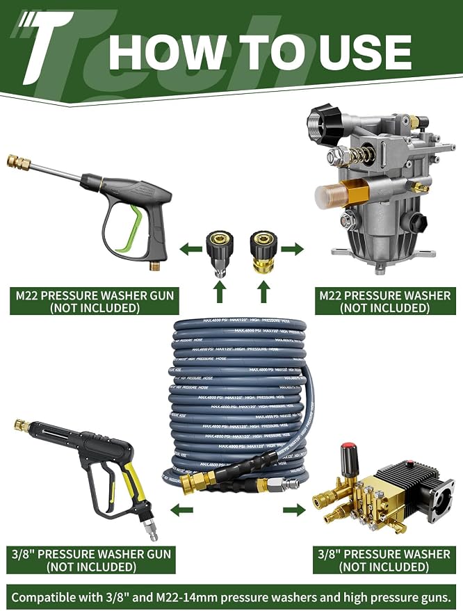 3/8" 4800PSI Pressure Washer Hose 25FT with Swivel Quick Connect for Cold/Hot Water Max 248°F, Kink Resistant Steel Wire Braided, Wear Resistant Power Washer Hose with M22 14mm Adapter