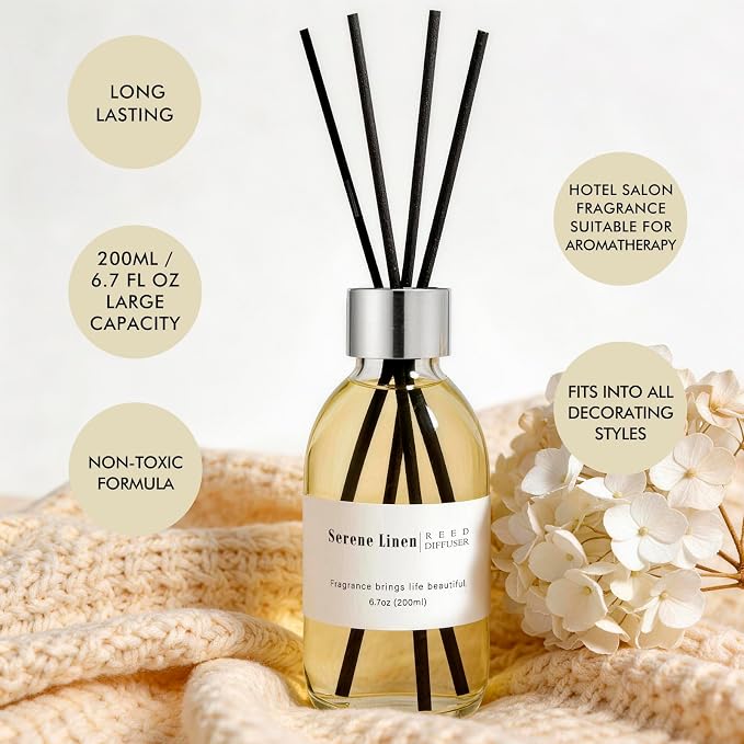 Clesh Reed Diffuser Set, 6.7 oz Serene Linen Scented Diffuser with Sticks, Home Fragrance Reed Diffuser for Bathroom Shelf Decor
