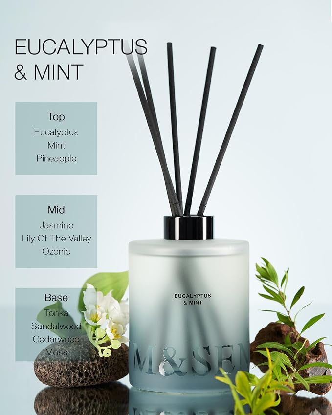 M&SENSE Reed Diffuser, Eucalyptus & Mint, 17 oz Natural Essential Oil | Non-Toxic Organic, Long-Lasting Fragrance, Ideal for Bathroom Home Office, Gifts for Women