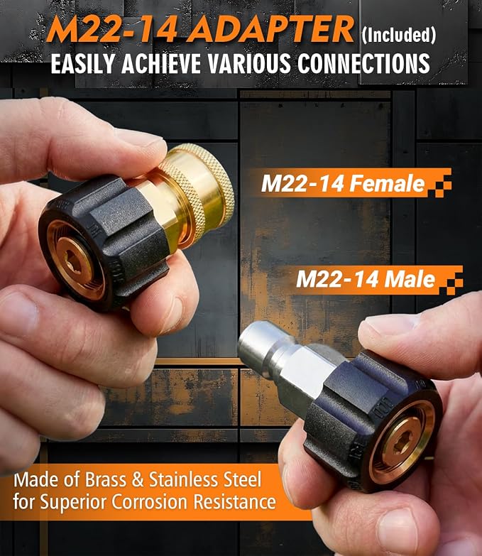 3/8" ID Pressure Washer Hose 200 ft, 4800 PSI Steel-Braided & Durable - Flexible & Kink-Resistant, Power Washer Hose with Swivel Quick Connect & M22-14mm Adapter, Hot/Cold Water Compatible