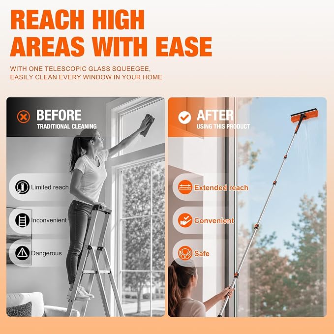 26FT Window Squeegee with Extension Pole, 2-in-1 Squeegee for Window Cleaning, Professional Cleaning Kit for Home with 20FT Telescoping Pole for Outdoor Indoor Use
