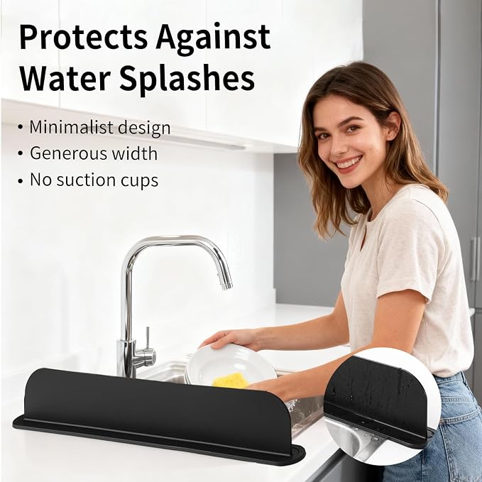 19.2inch(49cm) Silicone Sink Splash Guard, Sink Splash Guard with Suction Cup,Kitchen Sink Water Splash Guard, Kitchen Sink Splash Guard that Can Be Placed Behind (2, Black)