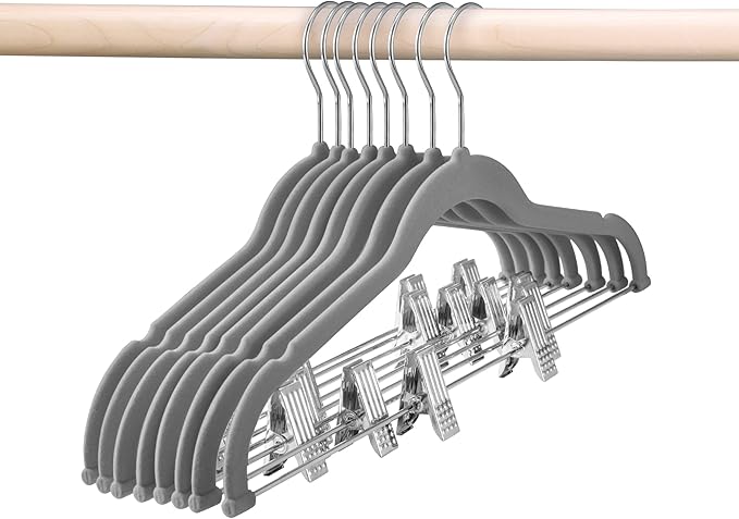 HOUSE DAY Velvet Skirt Hangers 12 Pack, Gray Velvet Pant Hangers with Adjustable Clips, Space Saving Slim Shorts Hanger, Heavy Duty Non Slip Clip Hanger for Pants, Skirts, Shorts