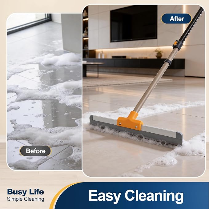 Yocada Rubber Floor Squeegee TPR Blade Scrubber Broom Shower Squeegee | Telescopic 54.5" for Garage Courtyard Concrete Shower Bathroom Floor Marble Tile Water Foam Pet Hair Removal Cleaning