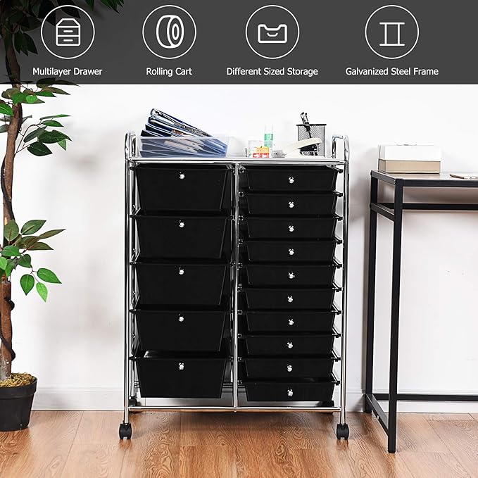 GOFLAME 15-Drawer Rolling Storage Cart, Multipurpose Movable Organizer, Utility Cart for Home, Office, School, Black