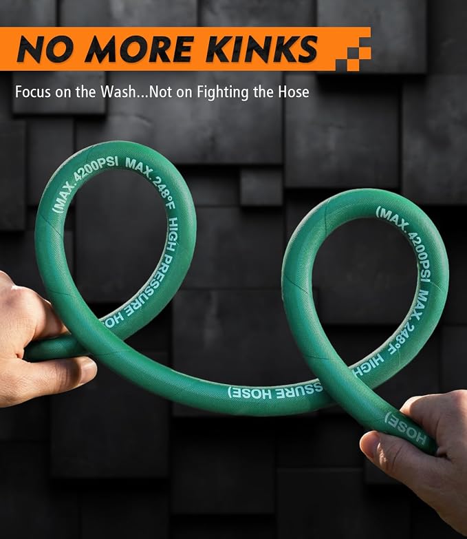 Pressure Washer Hose 100 ft, 4200 PSI Steel-Braided & Durable - Flexible & Kink-Resistant, Power Washer Hose with M22-14mm Stainless Steel Swivel Plug, Hot/Cold Water Compatible - Green