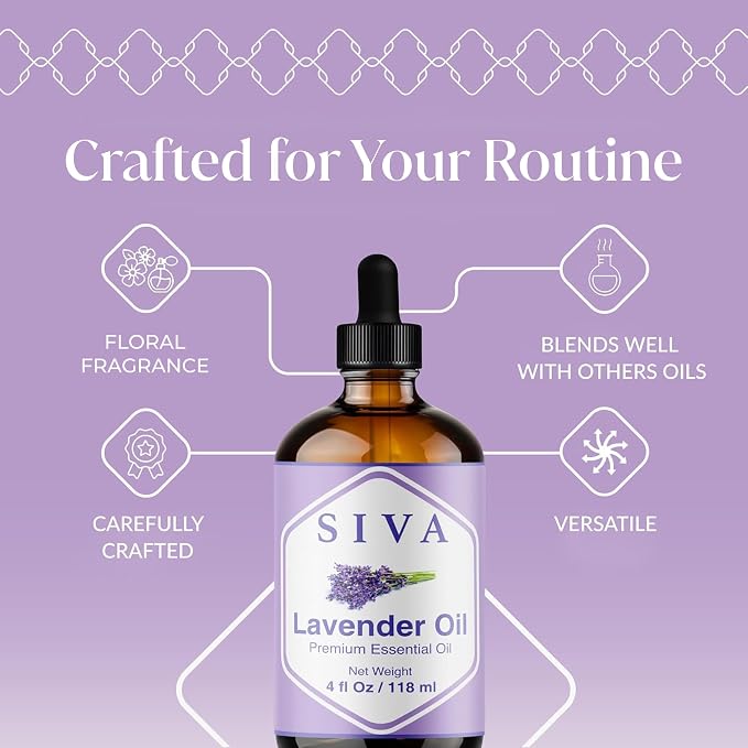 Siva Lavender Essential Oil, Glass Bottle with Dropper, 4 Fl Oz (118 ml) | Lavender Oil for Diffuser, Humidifier, Linen Spray, Skin Care, Hair Care, Body Massage, Soap, Candle, Bath Salt & DIY Blends