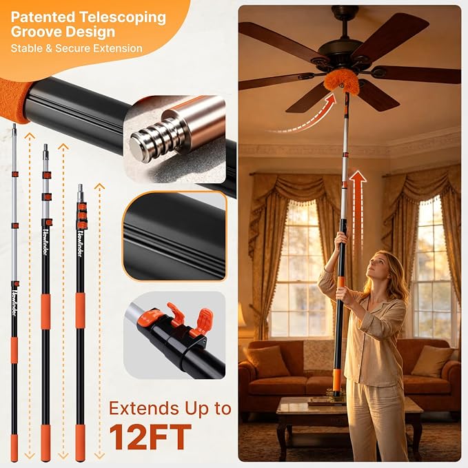 20ft Light Bulb Changer & High Ceiling Duster Kit, 4-12ft Extension Pole | 9Pcs High Duster Kit - Heavy Duty Extansion Pole, Ceiling Fan Duster, Cobweb & Microfiber Duster, Window Squeegee & Cleaner