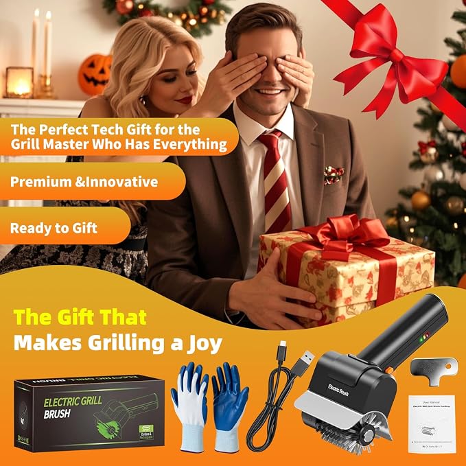 Electric Grill Brush with Dual Safety Lock, Ideal Gift for Men Dad Husband | Professional BBQ Cleaner with Submersible 304 SS Head, Splash-Proof Scrubber for Outdoor Grill (Orange Button)