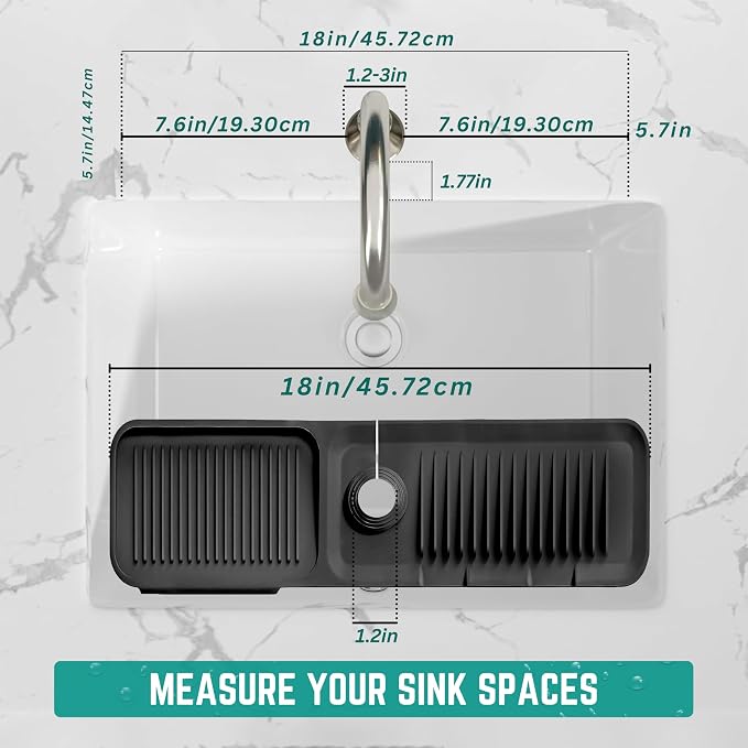 18x5.5 Inch Silicone Faucet Mat for Kitchen Sink - Kitchen Sink Splash Guard with FREE Rubber Drain Insert, Faucet Guard Draining Mat & Sink Water Splash Guard (Black)