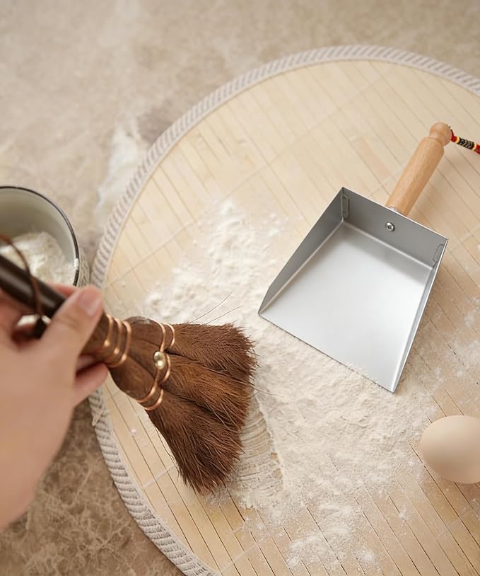 Mini Metal Dustpan and Brush Set for Fireplace Ash Cleanning | Stainless Steel Dust Pan and Hand Broom Palm Fiber Natural Bristles Bench Brush Anti-Static Heat-Safe for Counter Shop Garage