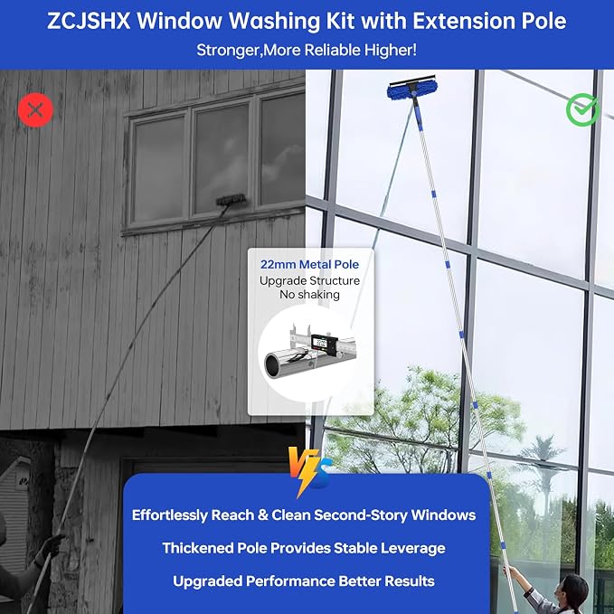 Window Squeegee Tool with Extension Pole: 20+ Feet Microfiber Scrubber Window Cleaning Kit for Rv Truck Bus Car Windshield - 3 to 14 Ft Spliceable Extendable Long Duster for High Outside Solar Panel