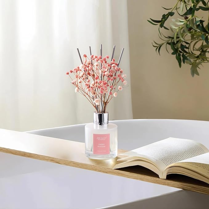 Reed Diffuser Set, 3.38 fl oz (100 ml) - Cherry Blossom Oil Diffusers with 8 Reed Sticks, Home Fragrance Reed Diffuser for Bathroom Shelf Decor