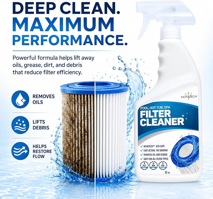 NOYATECH Pool Filter Cleaner Spray – No Soak Cartridge Cleaner for Hot Tub, Spa & Pool Filters – Removes Oil, Grease & Buildup Fast – Extends Filter Life – Gallon