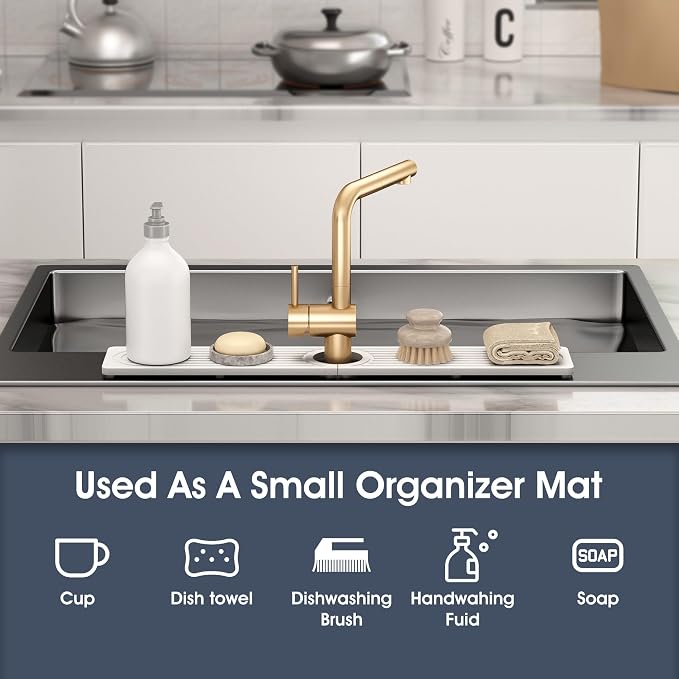 Quick Drying Stone Faucet Mat for Kitchen Sink - Diatomite Sink Mat Absorbing Stone Tray for Bathroom Counter, Sink Faucet Splash Guard Water Protector Matt for Kitchen Counter(White, 23.6" x 3.9")