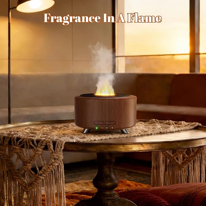 500ML Retro Vinyl Essential Oil Diffuser for Home | 3D flame effect & 9 colors. 500ml tank lasts 14H for deep sleep. BPA-free with auto-off ensures safety for babies and pets.