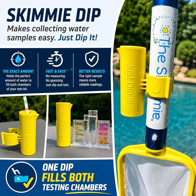 The Skimmie (Long Version) Pool Skimmer Net & Pole 53" with Stainless Steel Hook, Two Skimmer Basket Handles, Fine Mesh Net & Skimmie Dip - Hands-Free Removal of Debris, Bugs, Frogs, Small, Animals