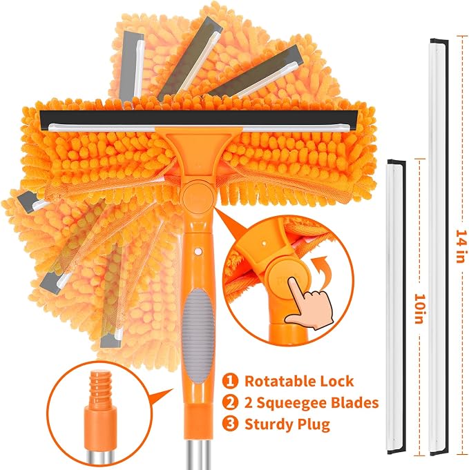 109" Window Cleaning Squeegee Kit, Professional 2 in 1 Squeegee Window Cleaner with Extension Pole, Window Washing Kit with 2 Blade 2 Pads for Indoor & Outdoor High Windows Car Glass