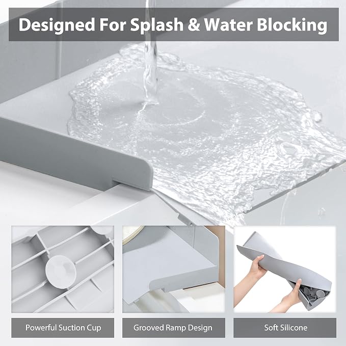 Full-Coverage Sink Splash Guard – 22.8 Inch Extra-High Ramp with Super Strong Suction Cups, Silicone Sink Splash Guard with Front-Edge Storage for Kitchen (Grey, 22.8''x4''x2.8'')