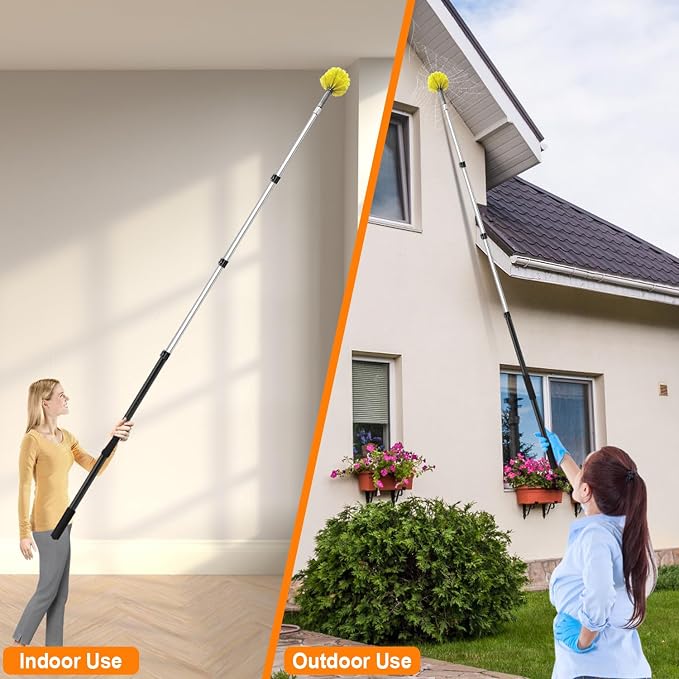 4-12Ft Cobweb Duster with 4-Stage Extension Pole for Ceiling Wall | Feather Dusters with Bristles for Outdoor Indoor, 4-Stage Spider Web Remover with Telescopic Pole for Ceiling Wall Yellow