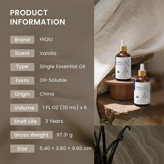 HIQILI Vanilla Essential Oil Set, Value Pack for Family, Business Supply | Bulk for SPA, Hotel, Home, Car Fragrance, Candle Soap Making Scent, Handmade DIY Crafting Material - 1 fl oz (6 Pack)