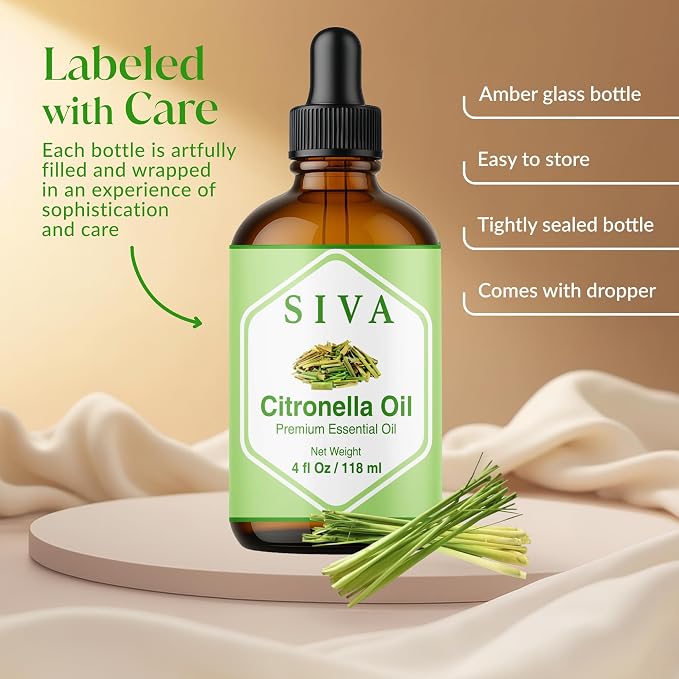 Siva Citronella Essential Oil, Glass Bottle with Dropper, 4 Fl Oz (118 ml) | Citronella Oil for Outdoor Spray, Patio, Diffuser, Home Fragrance, Candle, Soap, Body Massage, Cleaning Blends & DIY Projects