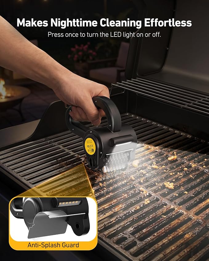 Electric Grill Brush, BBQ Grill Brush for Outdoor Use with LED Light, 300 RPM Powerful Cleaning, 4400mAh Battery, Splash Guard, Reinforced Steel Bristles for Cast Iron & Stainless Steel Grills