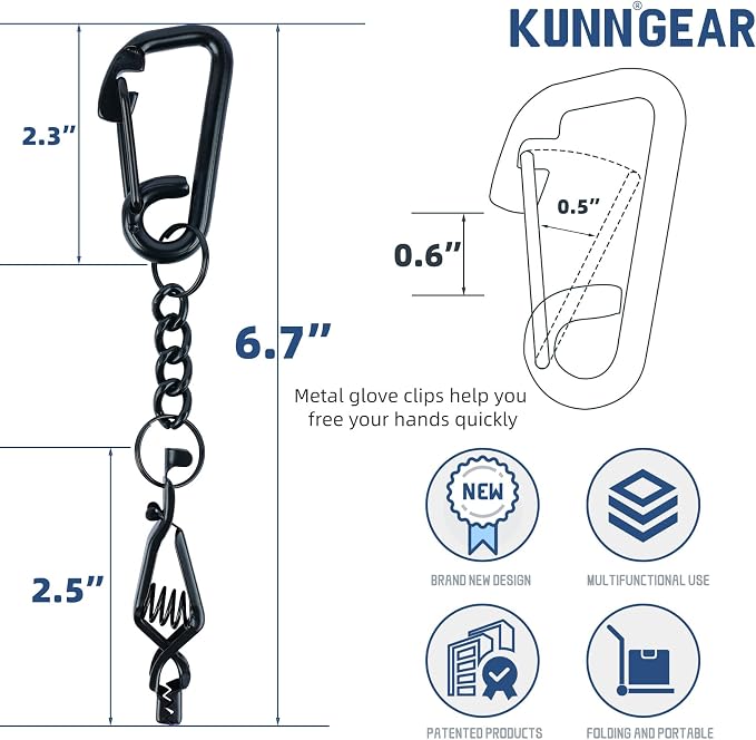 KUNN Metal Glove Clips with Stainless Steel Carabiner Clip, Portable Glove Clips for Work Glove, Glove Holder for Wall Mount
