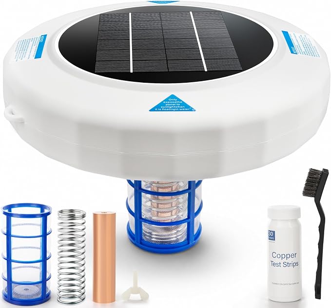 Upgraded Solar Powered Pool Water Care Device for Above Ground & Inground Pools Up to 45,000 Gallons, Floating Pool Maintenance System with Thick Copper Component, Easy Low Maintenance Pool Care