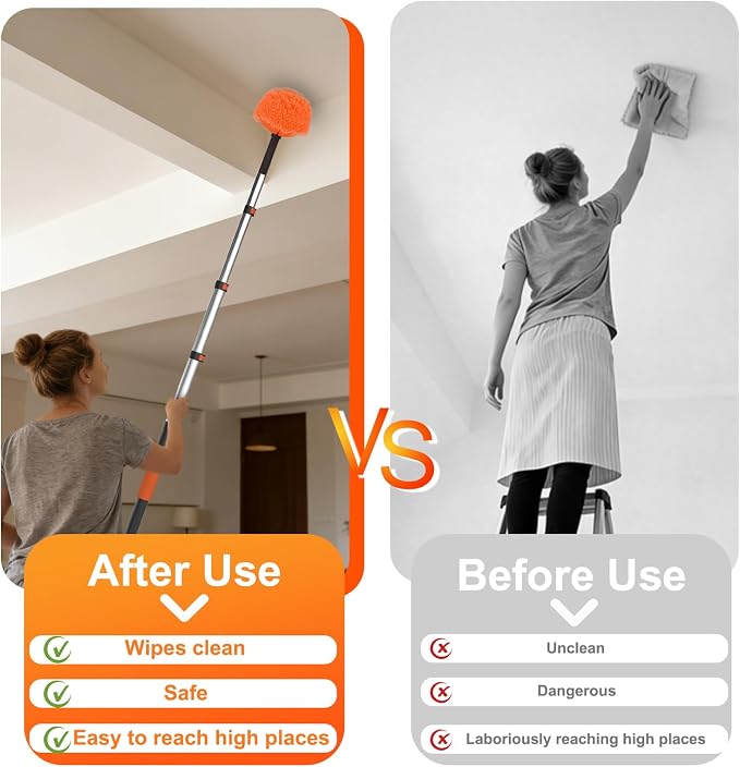 LAANPOLE 26FT Reach Dusters for Cleaning, Ceiling Fan Cleaner Duster with Extension Pole, Wall and Baseboard Cleaner Mop with Handle for Window Cobweb Fan Blade and High Ceiling