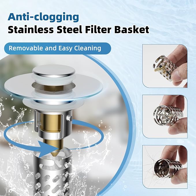 iFealClear 4 Pack All Metal Bathroom Sink Stopper, Pop Up Sink Drain Strainer with Removable Stainless Steel Filter Basket, Universal for 1.1"-2.36" Sink, Brass Bounce Core, Hair Catcher, Chrome