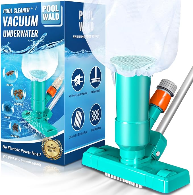 Portable Pool Vacuum for Above Ground/Inground Pool, Pool Cleaner Vacuum with 3 Scrub Brushes, Pool Leaf Vacuum & Nylon Mesh Net, Pool Cleaners for Swimming Spa Fountain Pond Hot Tub, Pure Green