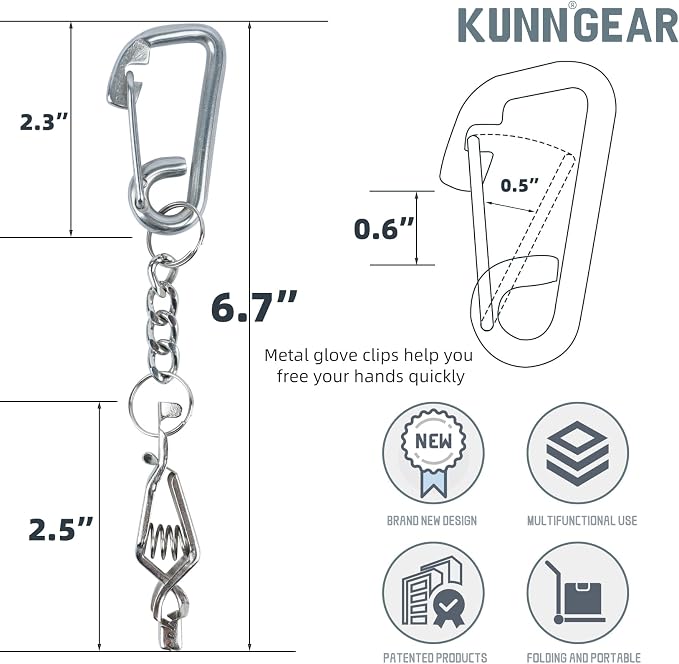 KUNN Metal Glove Clips with Stainless Steel Carabiner Clip, Portable Glove Clips for Work Glove, Glove Holder for Wall Mount