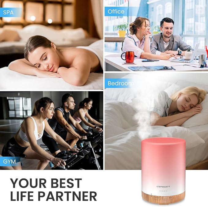 URPOWER 300mL Essential Oil Diffuser Ultrasonic Aromatherapy Diffuser | Quiet Diffuser with Auto-off Protection, 7-Color LED Light & 4 Timer Settings Humidifier for Yoga Bedroom Living Room Office