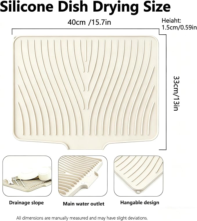 Silicone Dish Drying Mat,Dish Drying Pad,Kitchen Accessories,with Built-In and Non-Slip Drain,Easy Clean, Fit for Kitchen, Bar, RV, Refrigerator and Drawer Liner, 15.7*13 in Off White 1PCS by EBIGIC