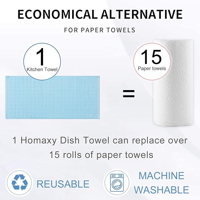 Homaxy 100% Cotton Terry Kitchen Towels(Sky Blue, 13 x 28 inches), Checkered Designed, Soft and Super Absorbent Dish Towels, 6 Pack