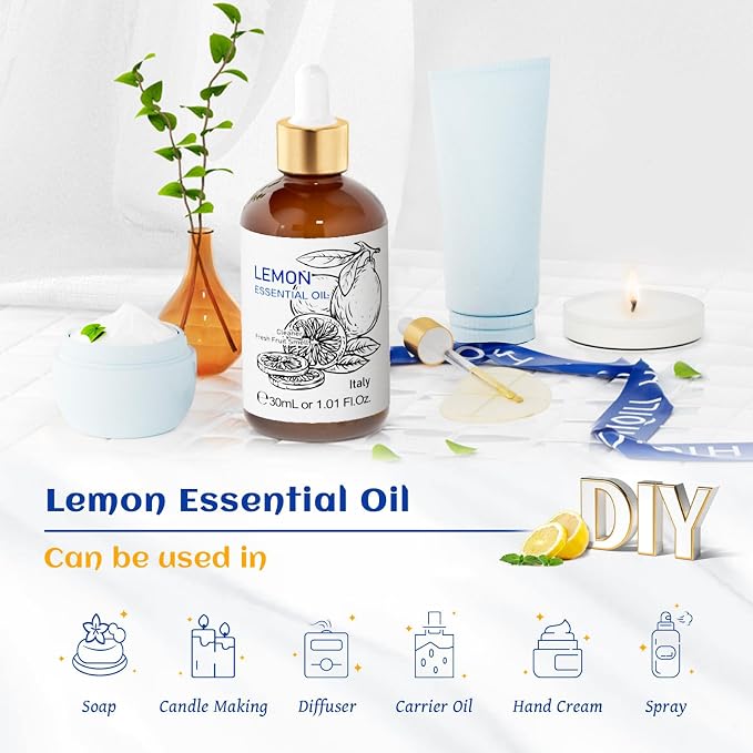 HIQILI Lemon Essential Oil for Cleaning, Diffuser & Skin | Creates a Fresh and Clean Atmosphere for Kitchen, Bath and More, Removes Odors and Stubborn Residue -30mL / 1.01 fl oz